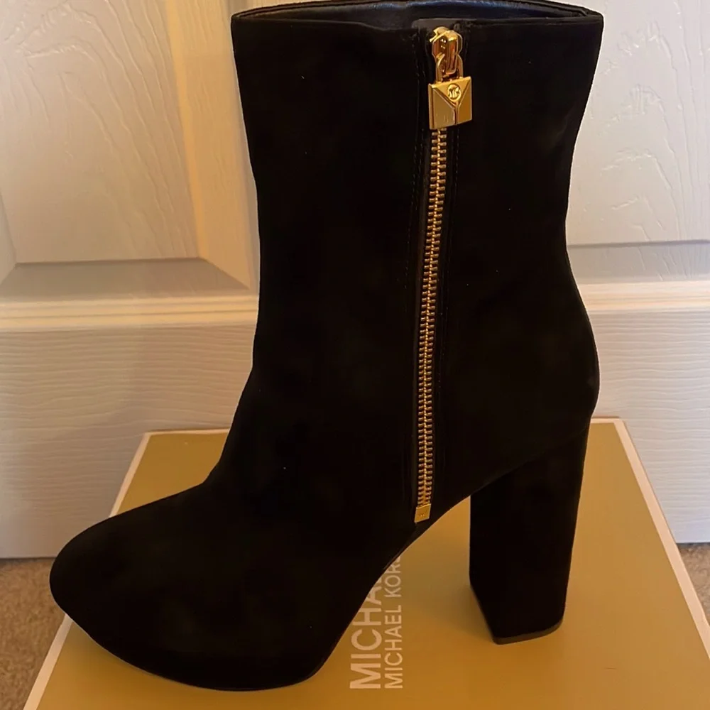 Michael Kors Black Suede Platform Ankle Boot with Gold Zip Accent